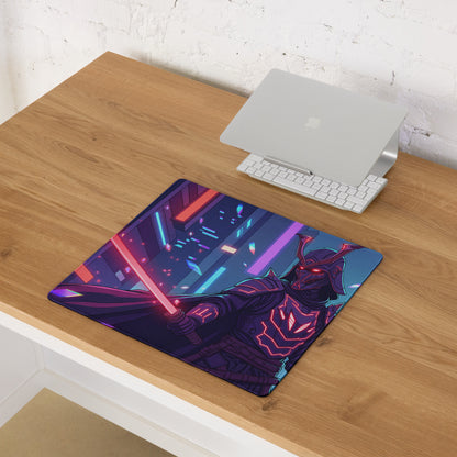Vaporwave neon nexus mouse pad featuring a smooth surface nebula theme with cyberpunk samurai in purple blue pink tones