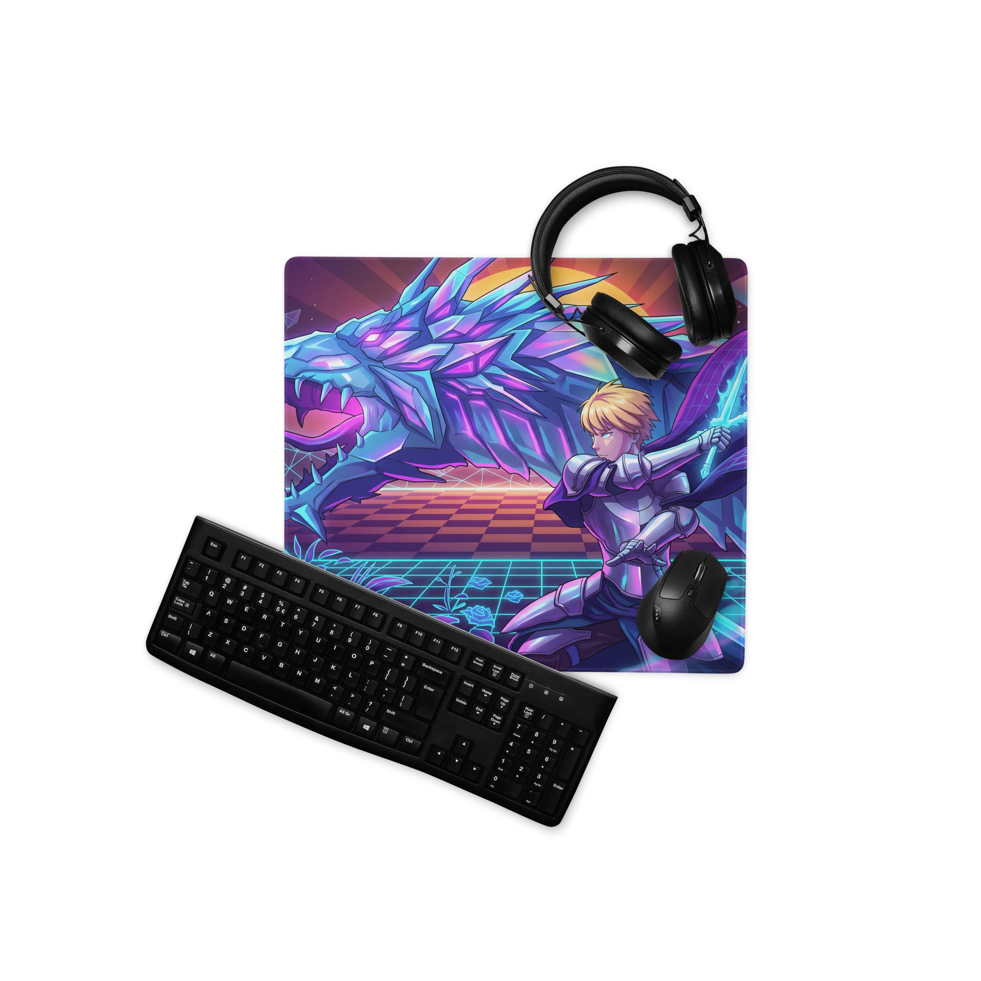 Vibrant purple and blue vaporwave neon dragon gaming mousepad featuring knight battling dragon with keyboard and headset on it