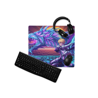 Vibrant purple and blue vaporwave neon dragon gaming mousepad featuring knight battling dragon with keyboard and headset on it