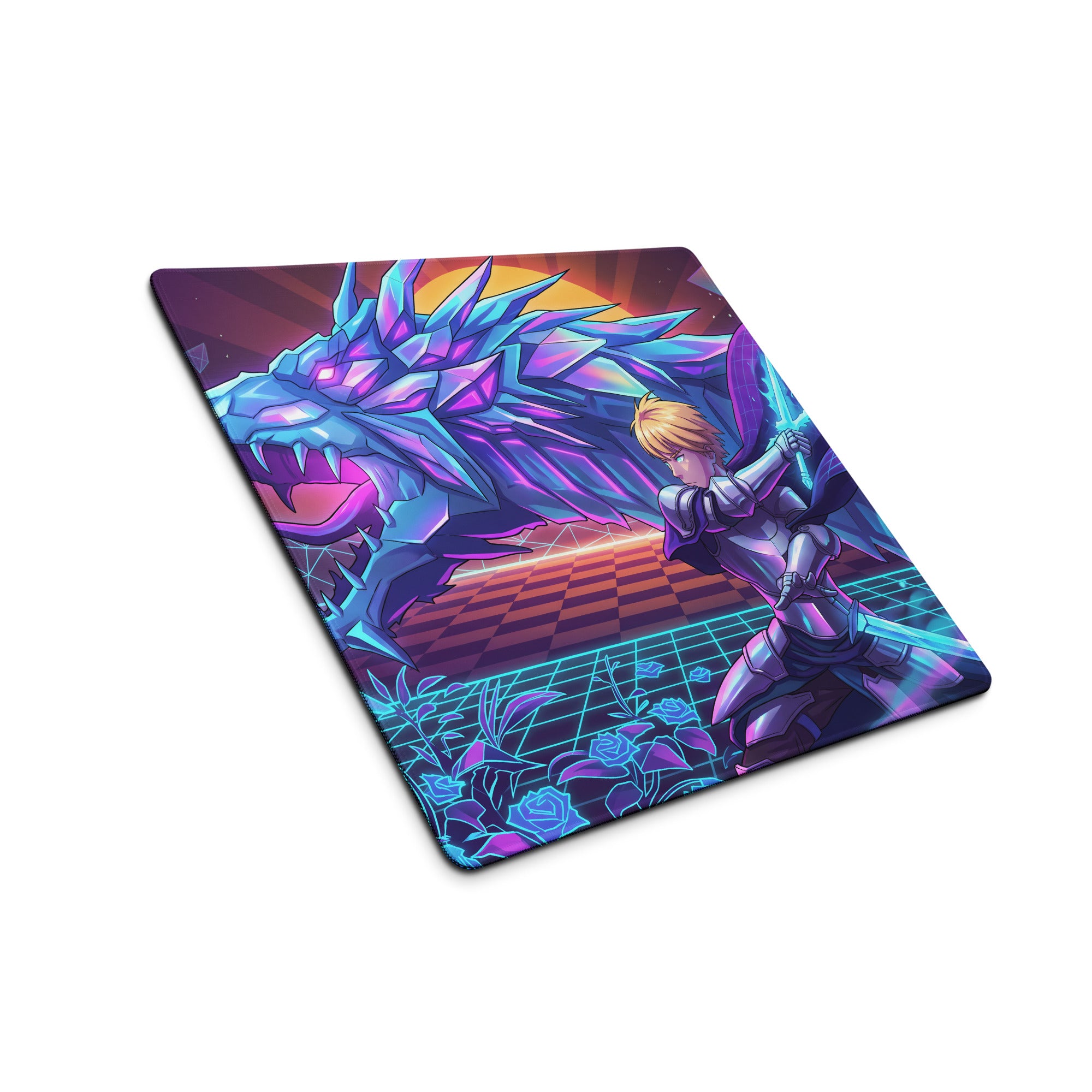 Vaporwave neon dragon mouse pad featuring vibrant purple and blue crystalline dragon battling knight on retro grid design