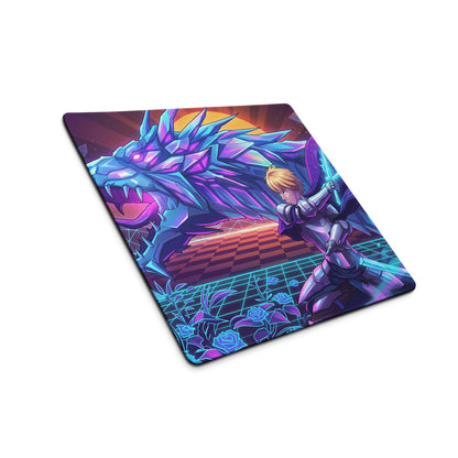 Vaporwave neon dragon mouse pad featuring vibrant purple and blue crystalline dragon battling knight on retro grid design