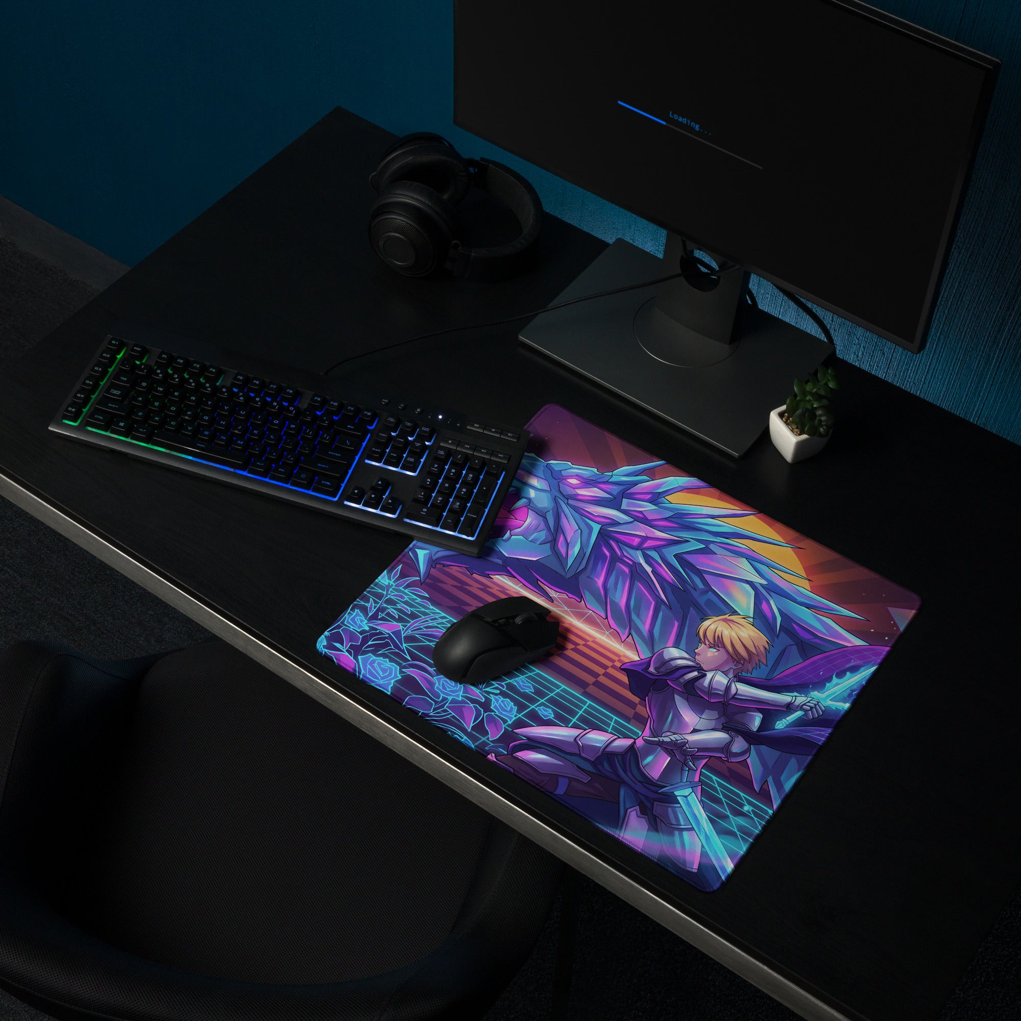 Vaporwave neon dragon gaming mousepad with vibrant pink purple cyan anime character and glowing crystalline wings design