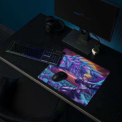 Vaporwave neon dragon gaming mousepad with vibrant pink purple cyan anime character and glowing crystalline wings design