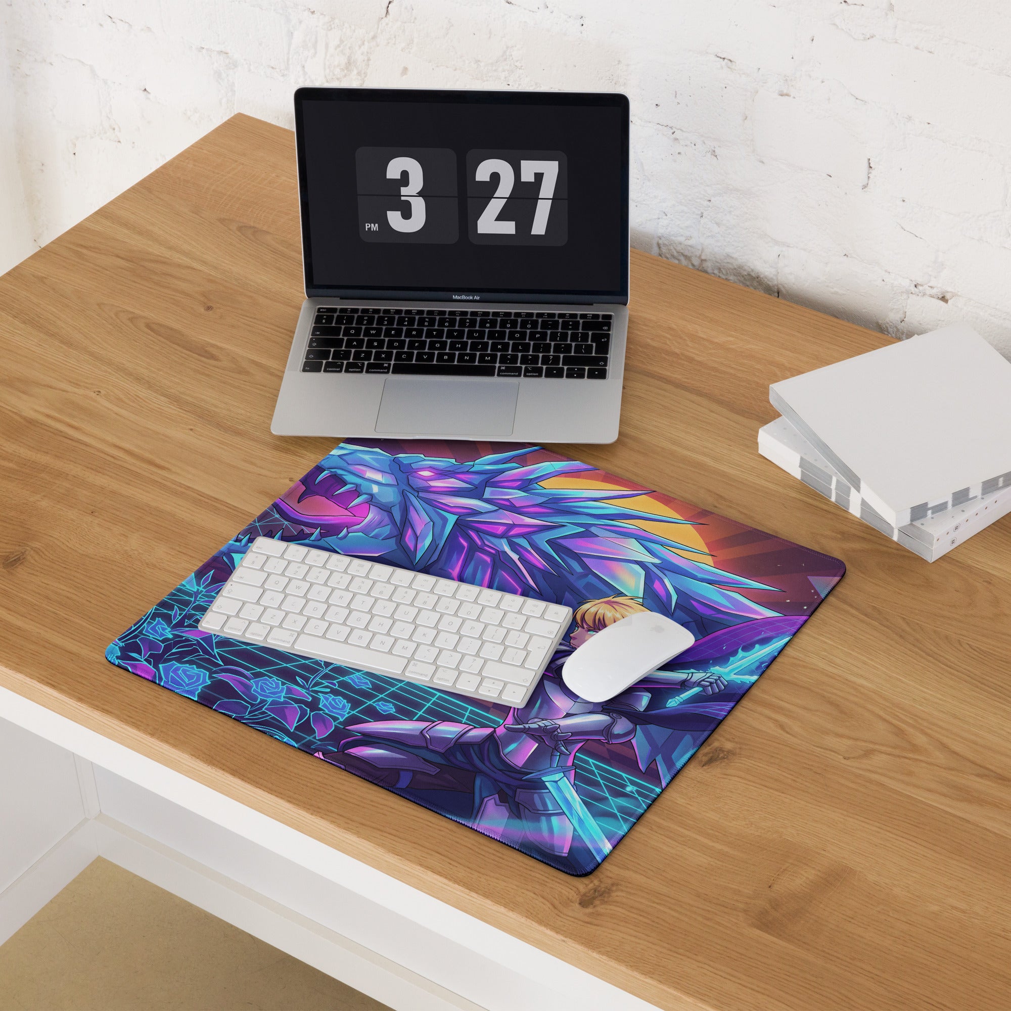 Vibrant purple and blue vaporwave neon dragon mouse pad with futuristic character design for gaming use