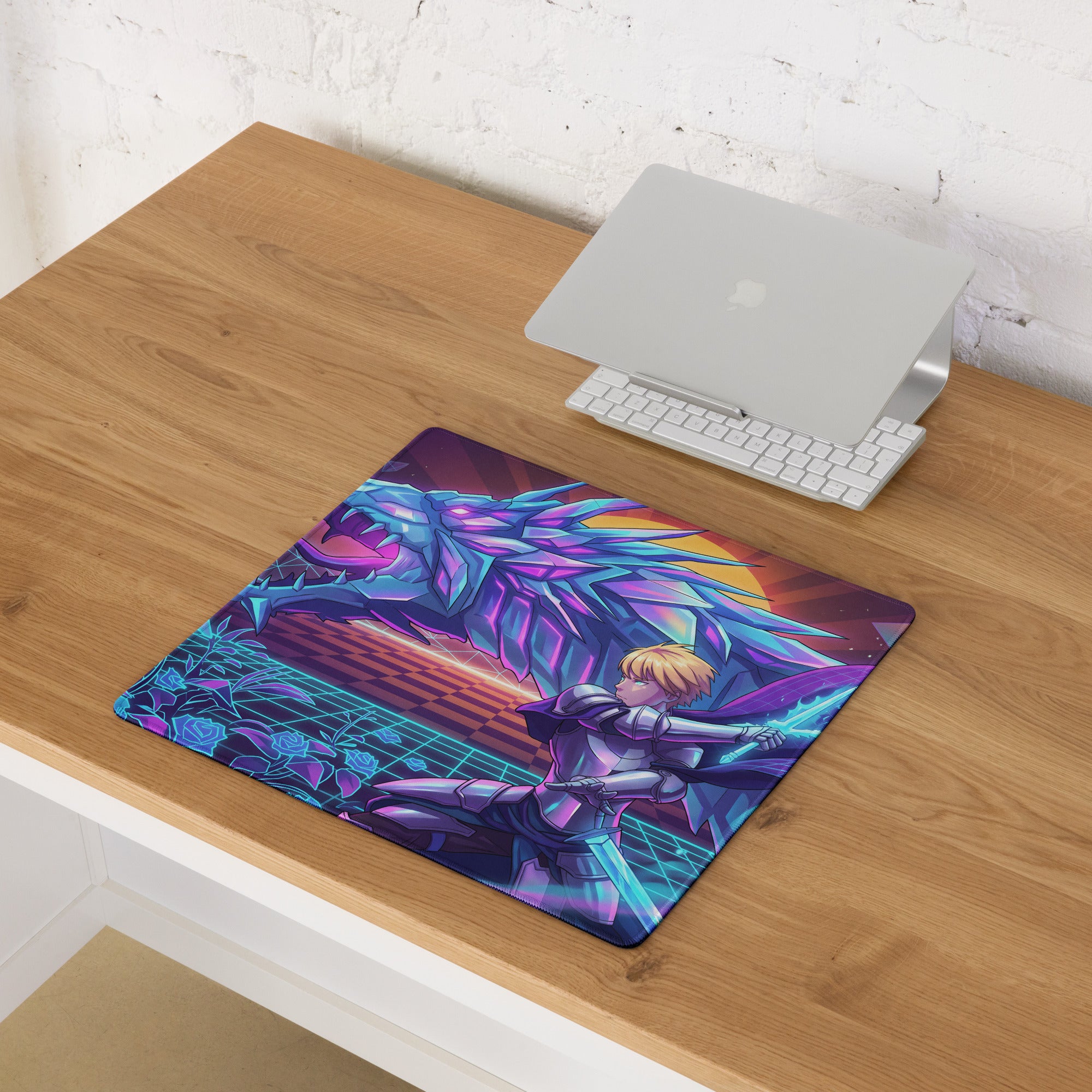 Vaporwave neon dragon mouse pad featuring vibrant purple blue neon anime knight battling crystalline dragon digital art