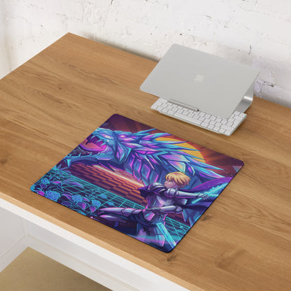 Vaporwave neon dragon mouse pad featuring vibrant purple blue neon anime knight battling crystalline dragon digital art