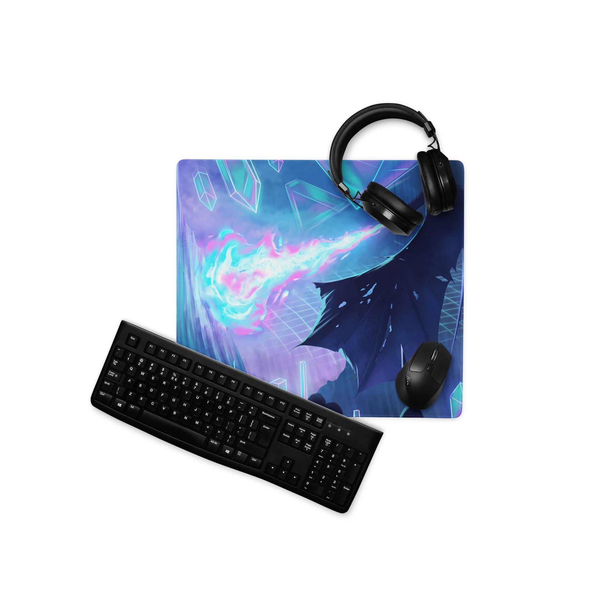 Neon vaporwave fusion gaming mouse pad with vibrant blue and purple anime character and glowing energy effects