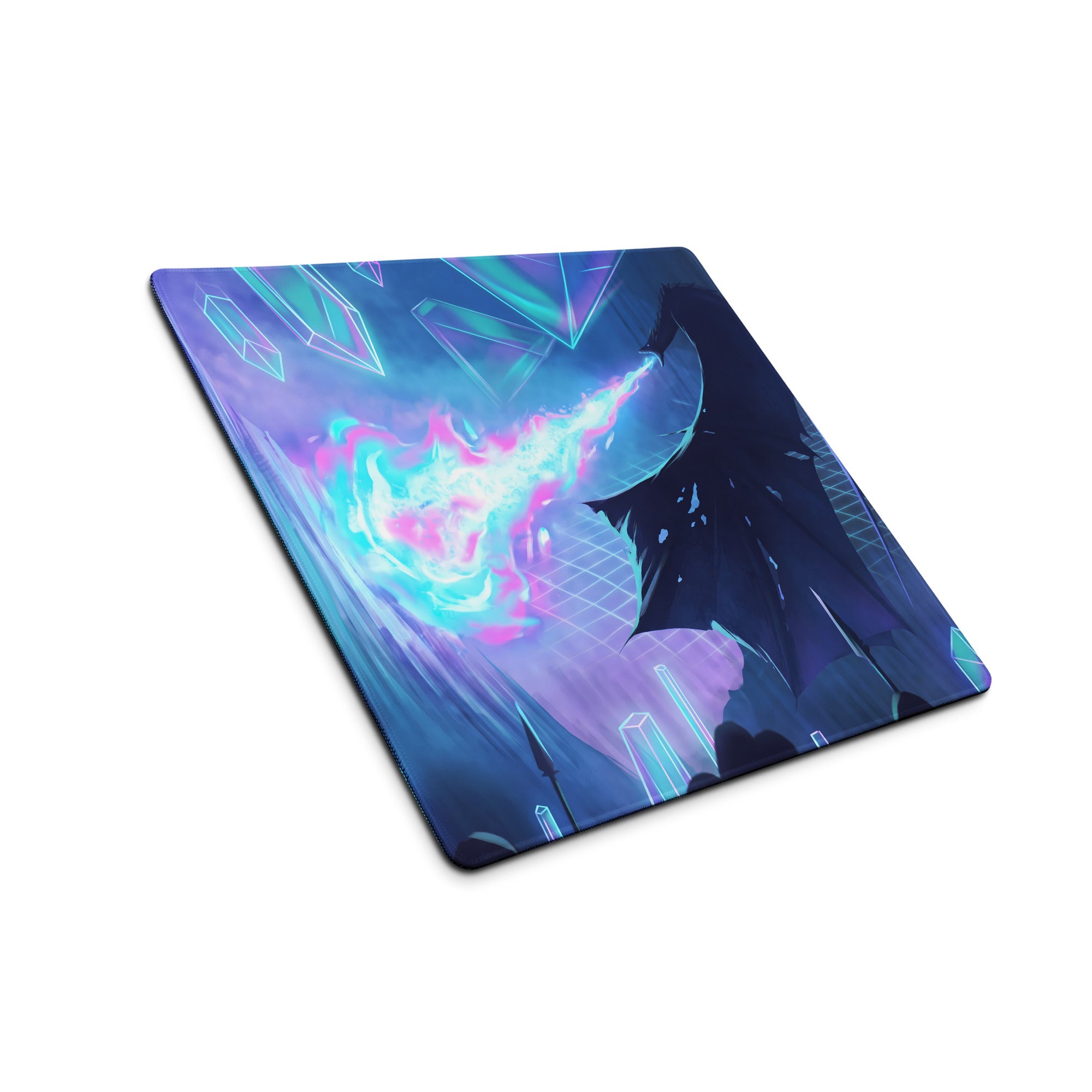 Neon vaporwave fusion gaming mouse pad with vibrant neon blue purple crystal motifs and dynamic energy burst design