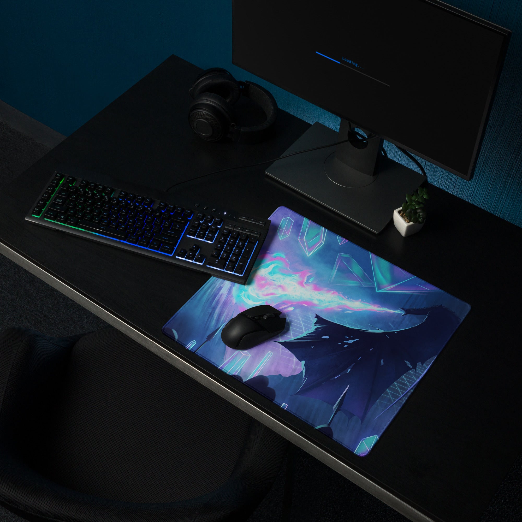 Neon vaporwave fusion gaming mouse pad with vibrant anime illustration and glowing blue purple energy effects on dark background