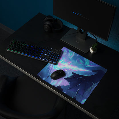Neon vaporwave fusion gaming mouse pad with vibrant anime illustration and glowing blue purple energy effects on dark background