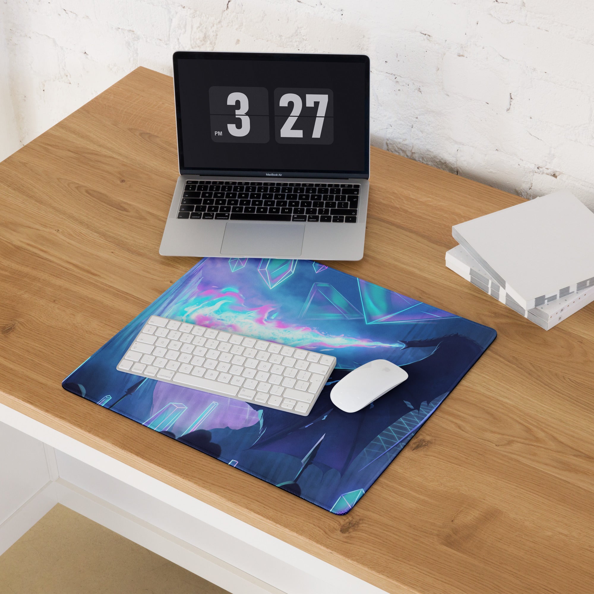 Neon vaporwave fusion rectangular gaming mouse pad with vibrant glowing blue and purple geometric digital design