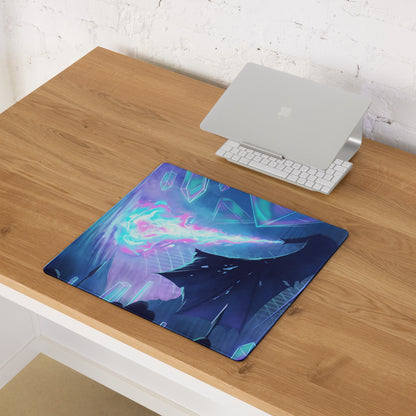 Neon vaporwave fusion gaming mouse pad with vibrant neon blue and purple glowing crystal design for desk setup