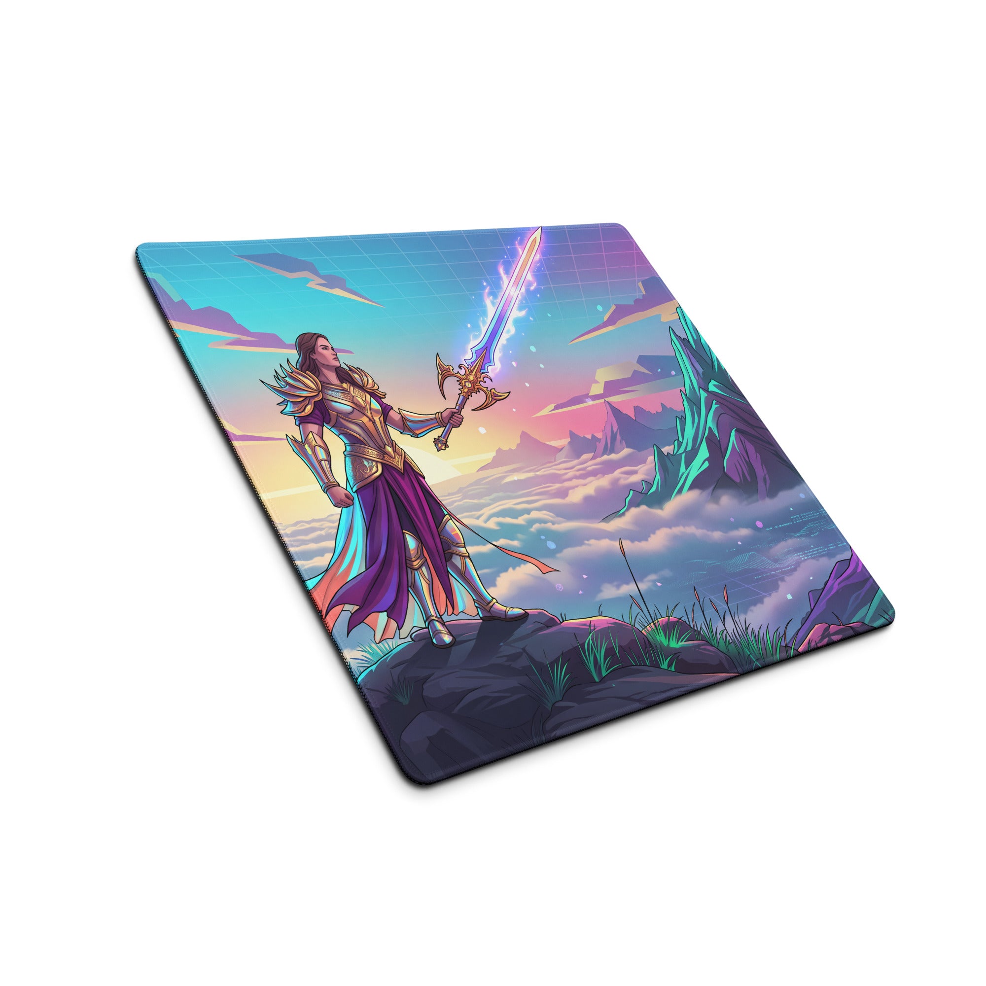 Vaporwave warrior mouse pad featuring a vibrant fantasy armored warrior in purple and gold with glowing sword on surreal background