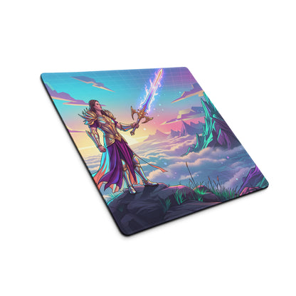Vaporwave warrior mouse pad featuring a vibrant fantasy armored warrior in purple and gold with glowing sword on surreal background
