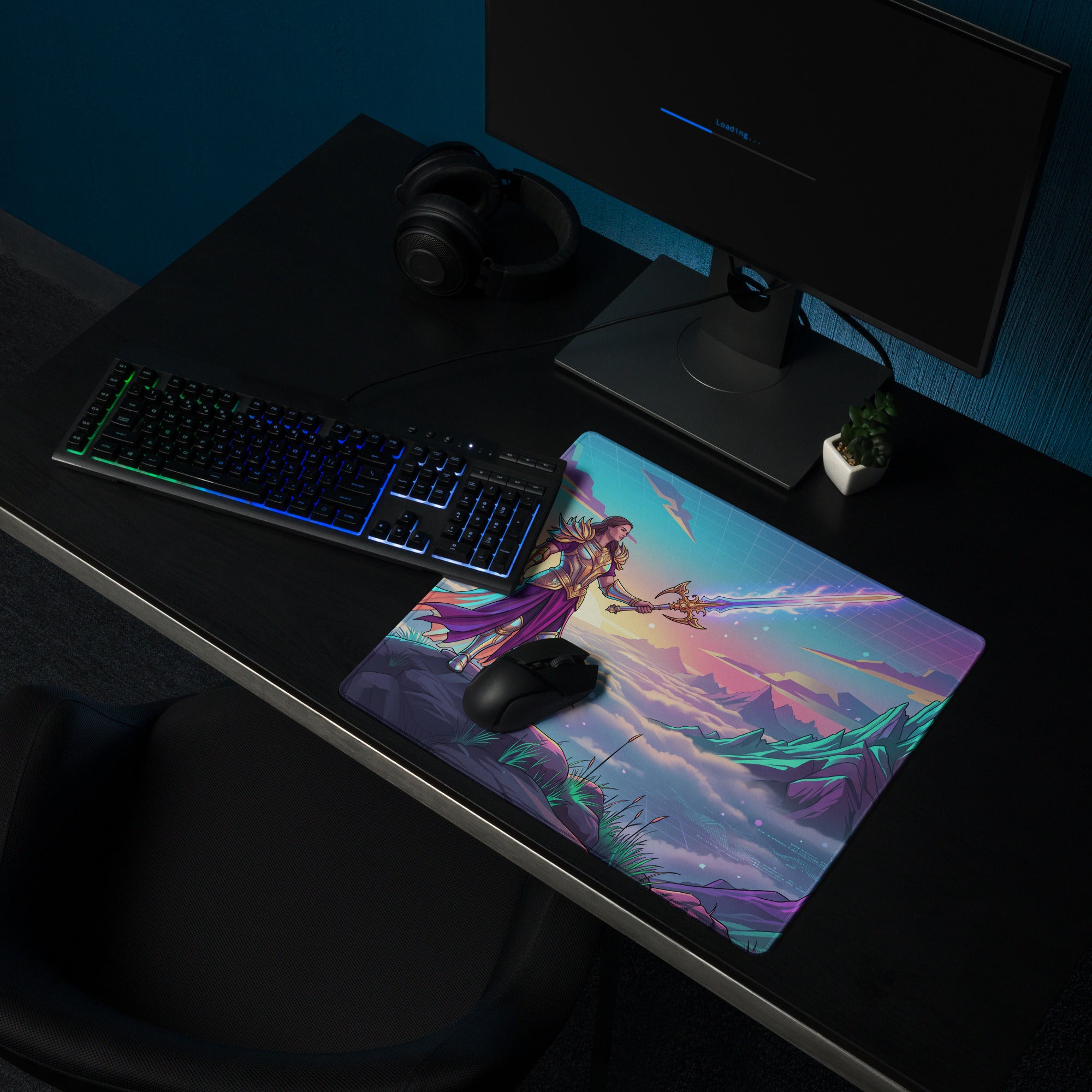Vaporwave warrior mouse pad with vibrant purple cape and glowing sword illustration on a colorful mountainous sky background