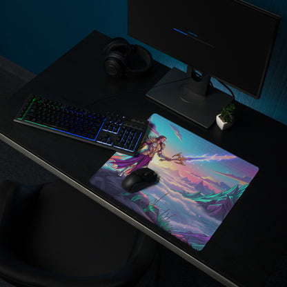 Vaporwave warrior mouse pad with vibrant purple cape and glowing sword illustration on a colorful mountainous sky background