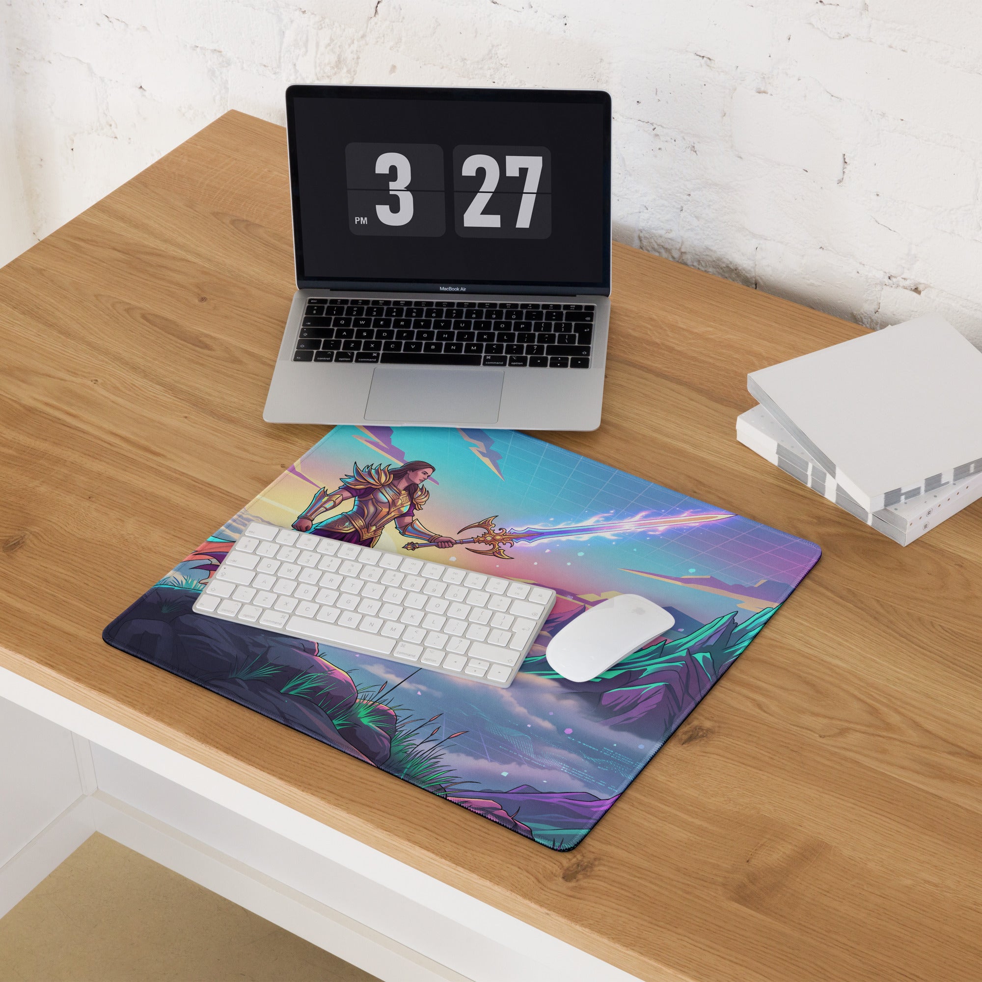Vaporwave warrior gaming mousepad with vibrant pink purple blue colors featuring a golden armored warrior and cosmic backdrop