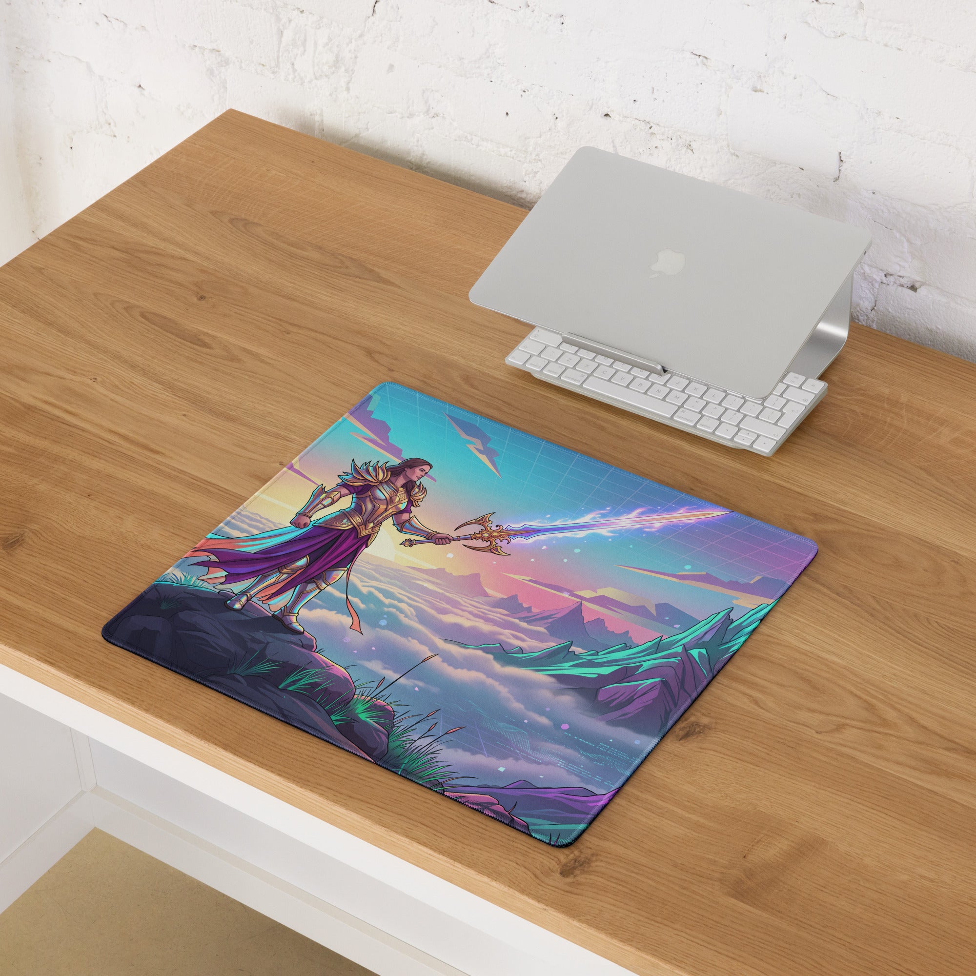 Vaporwave warrior mouse pad with vibrant pink purple and blue fantasy warrior illustration and radiant energy beams