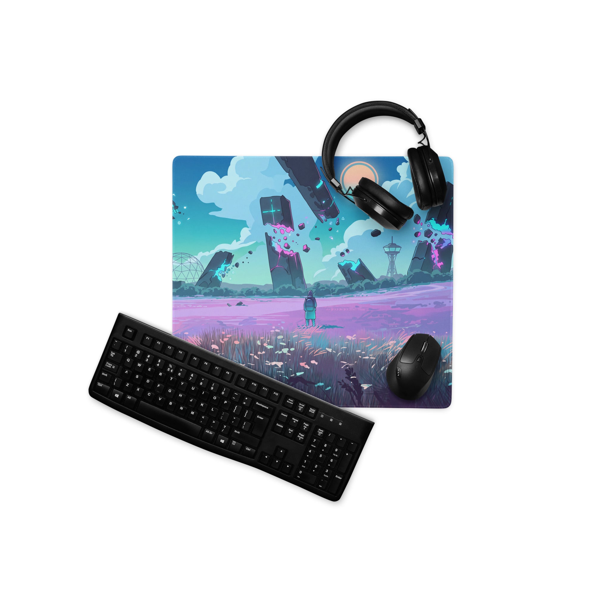 Vibrant vaporwave neon landscape gaming mouse pad with purple grass teal sky and floating skyscrapers design