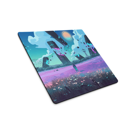 Rectangular vaporwave neon landscape mouse pad with vibrant purple, pink, and teal futuristic design for gaming desks