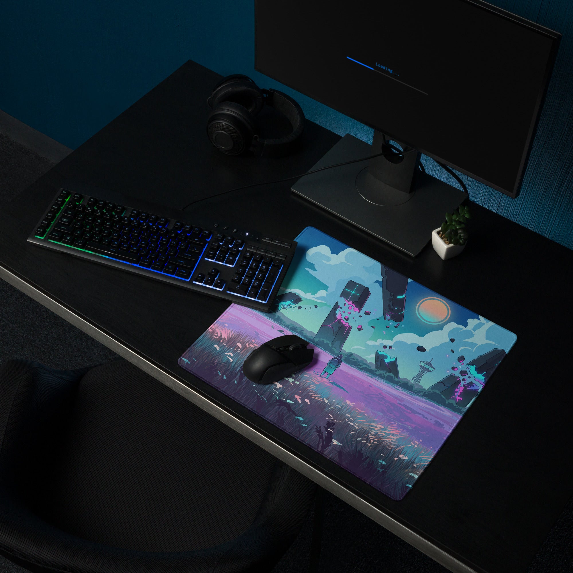 A vibrant vaporwave neon landscape mouse pad with purple teal hues and fantasy towers under a glowing sky