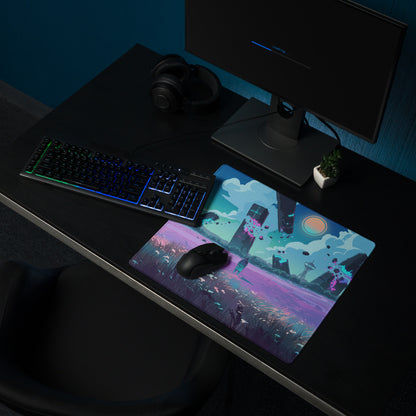 A vibrant vaporwave neon landscape mouse pad with purple teal hues and fantasy towers under a glowing sky