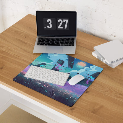 Vaporwave neon landscape gaming mouse pad with vibrant pink purple teal cyberpunk cityscape on a rectangular design