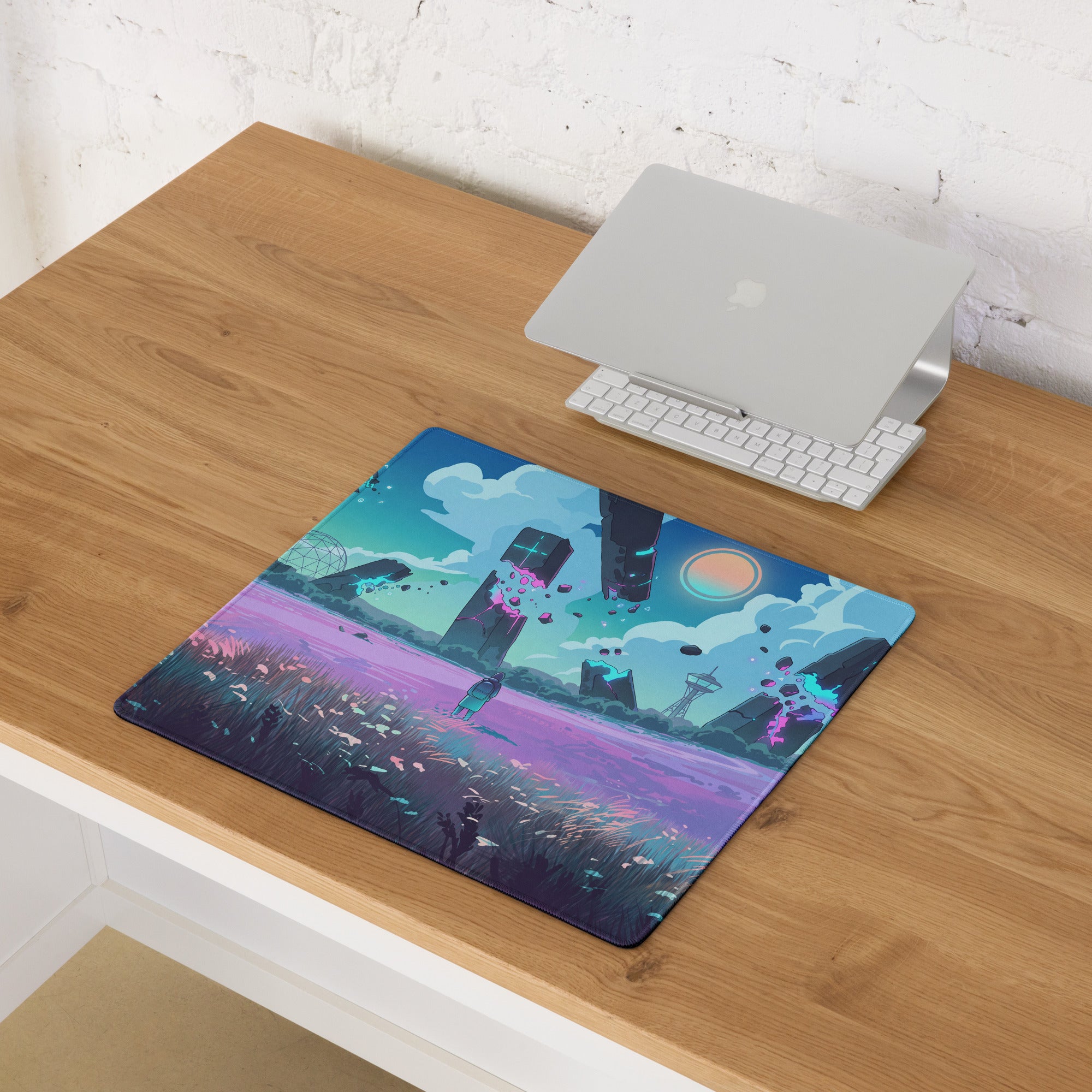 A rectangular vaporwave neon landscape mouse pad with vibrant purple and teal sci fi themed design for gaming desks