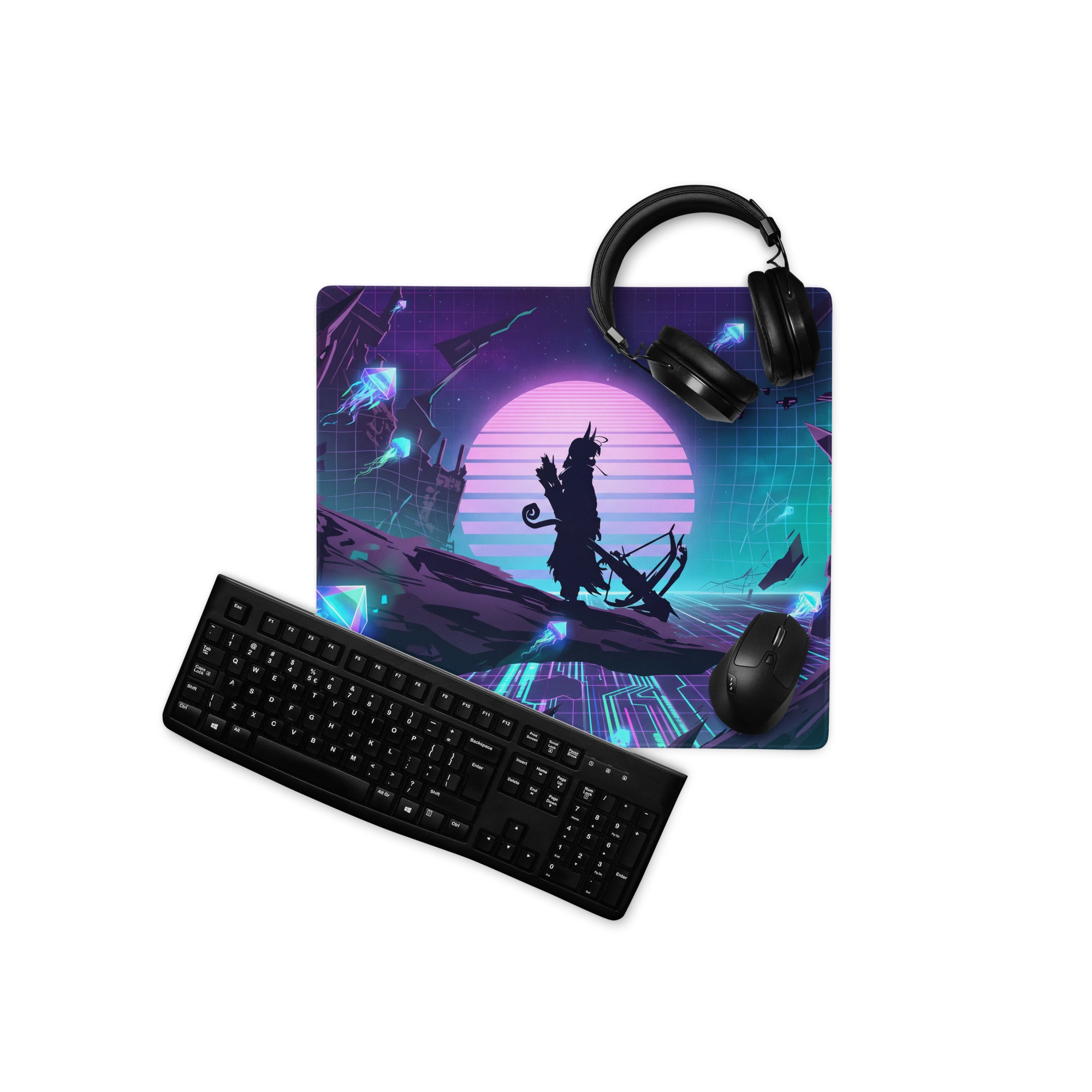 Vaporwave neon gaming mouse pad with vibrant purple and teal retro-futuristic design featuring a horned archer silhouette