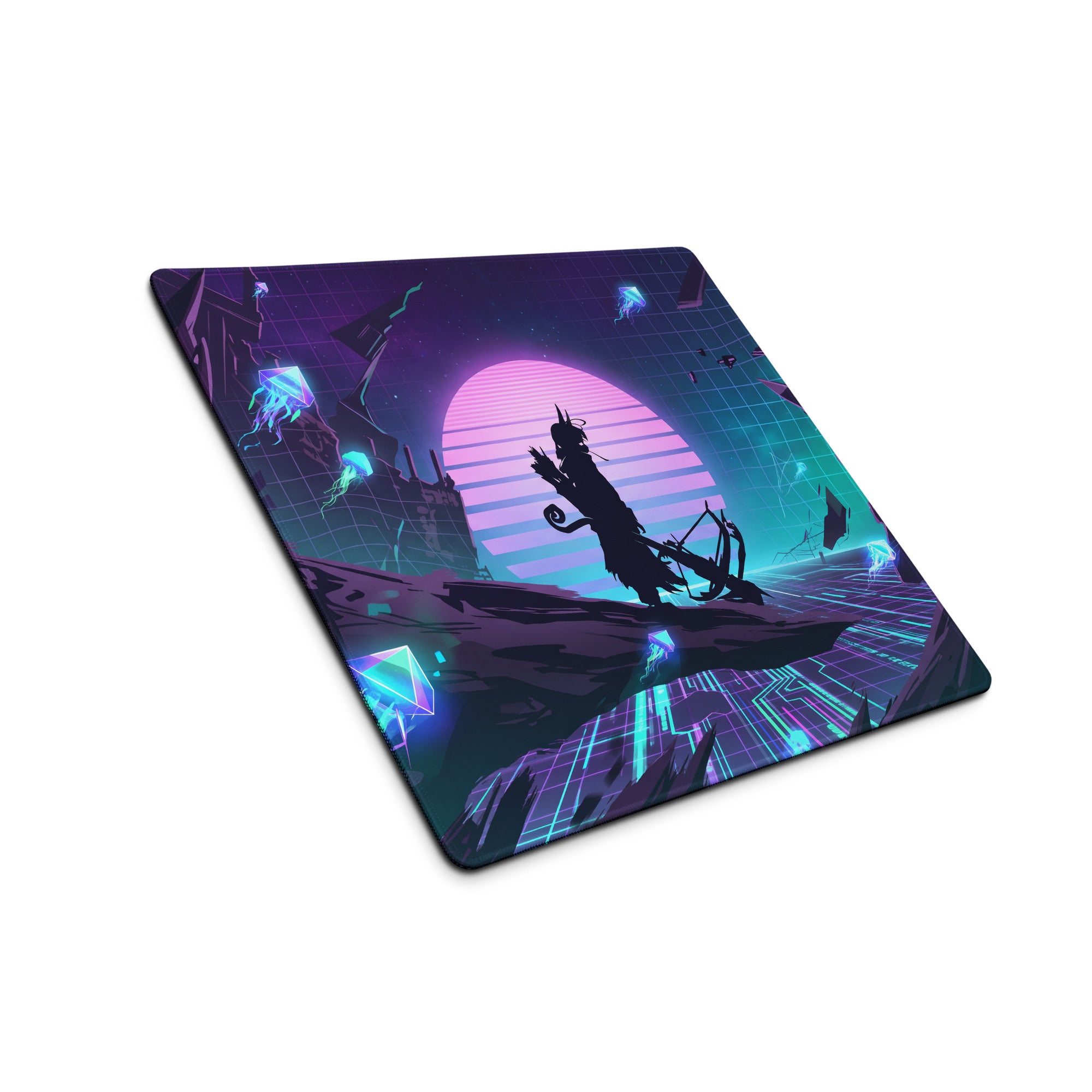 Navy blue and teal neon vaporwave gaming mouse pad with archer silhouette and glowing pink cyberpunk backdrop