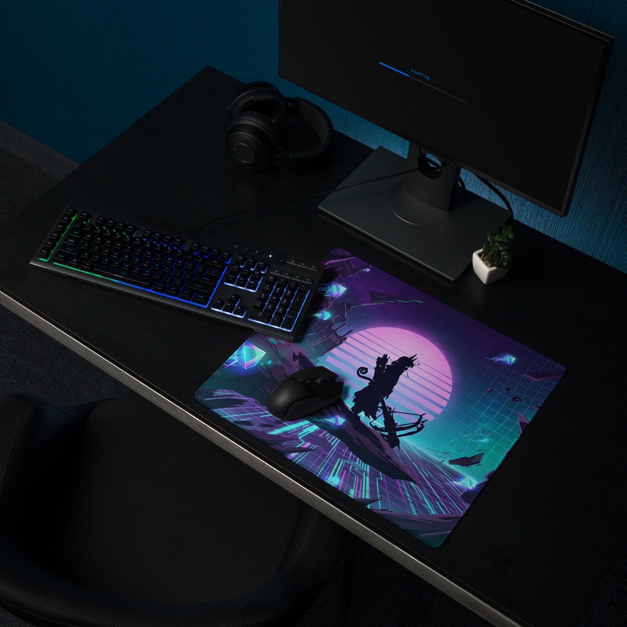 Vaporwave neon gaming mouse pad with vibrant purple and teal cyberpunk design featuring a bow character silhouette