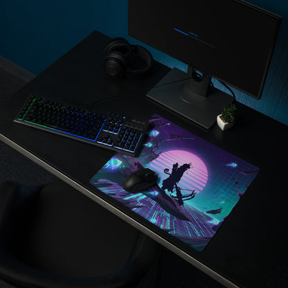 Vaporwave neon gaming mouse pad with vibrant purple and teal cyberpunk design featuring a bow character silhouette