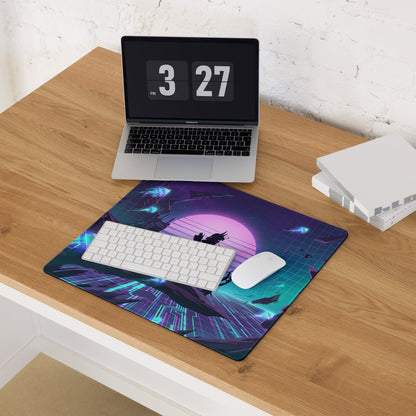 Vaporwave neon gaming mouse pad with navy blue and teal cyberpunk design featuring glowing purple moon and cityscape