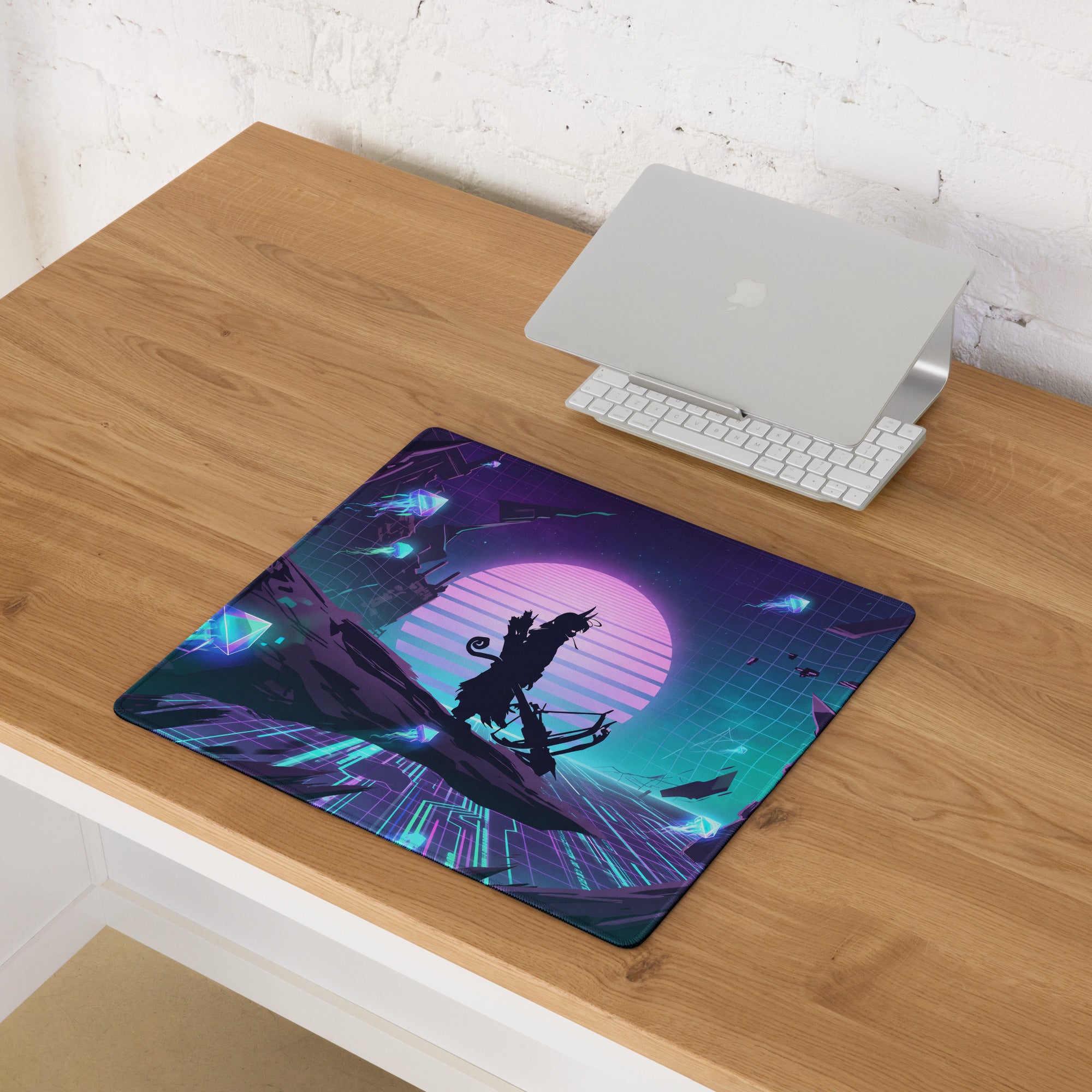 Vaporwave neon gaming mouse pad in purple and teal featuring a silhouette on a futuristic glowing landscape