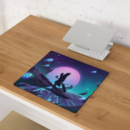 Vaporwave neon gaming mouse pad in purple and teal featuring a silhouette on a futuristic glowing landscape