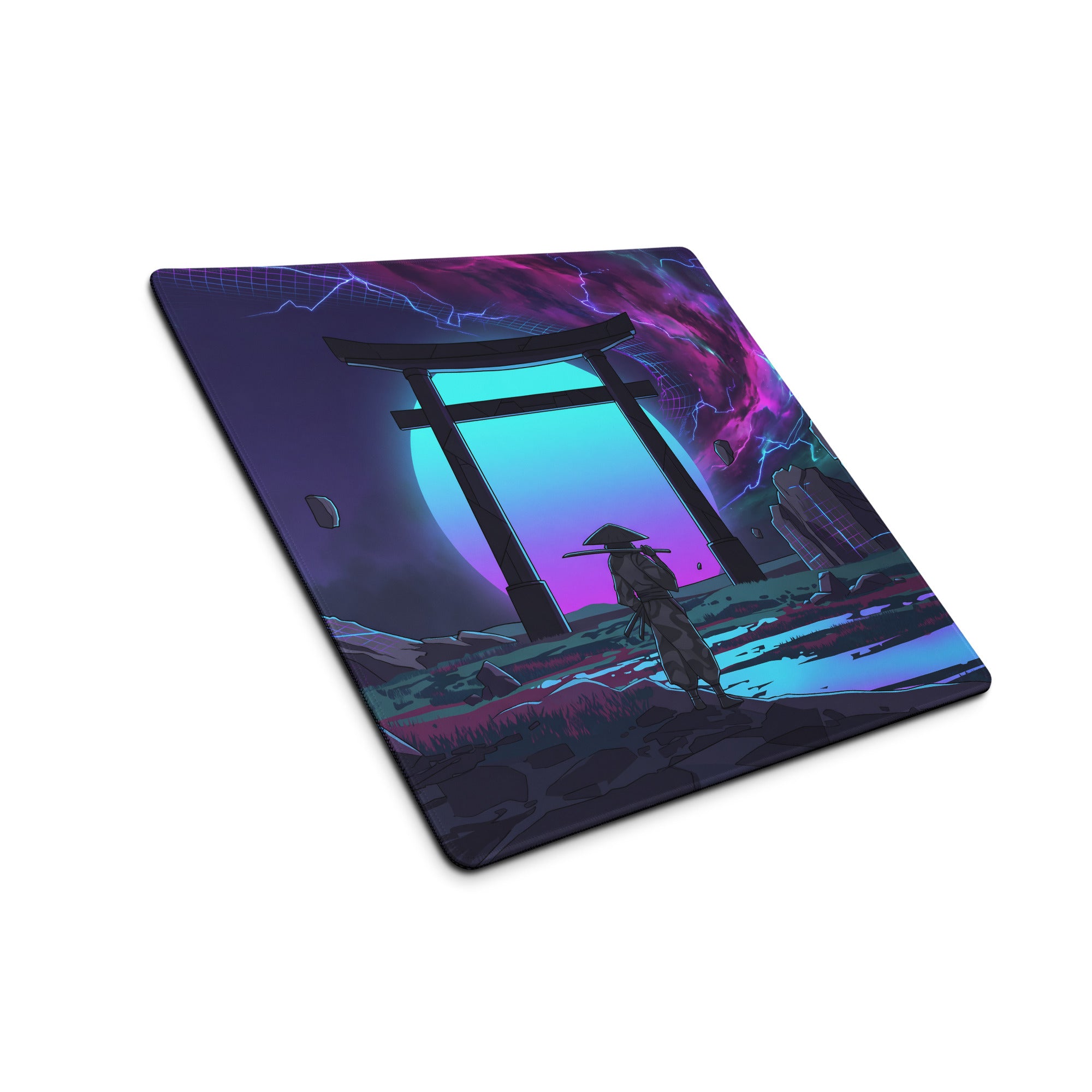 Neon vaporwave gaming mouse pad with nebula theme featuring a samurai by torii gate under purple teal lightning sky