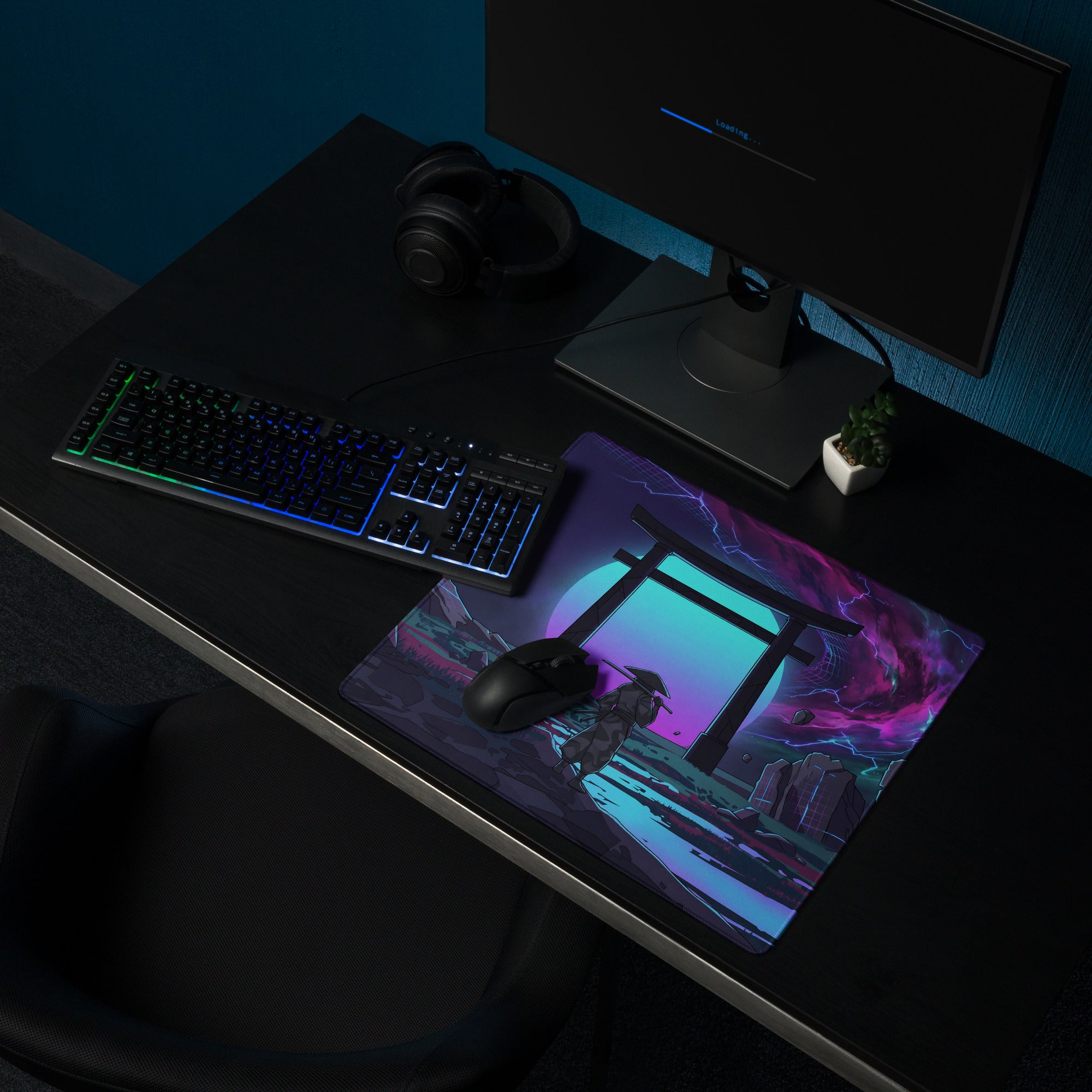 Neon vaporwave gaming mouse pad with vibrant purple and teal anime design featuring a torii gate under lightning