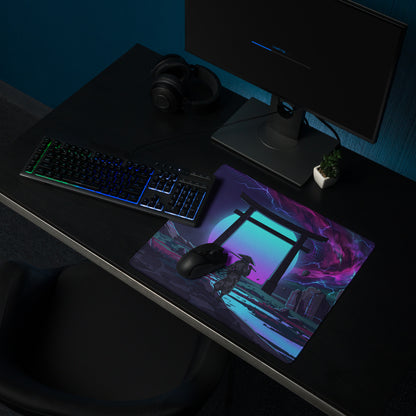 Neon vaporwave gaming mouse pad with vibrant purple and teal anime design featuring a torii gate under lightning