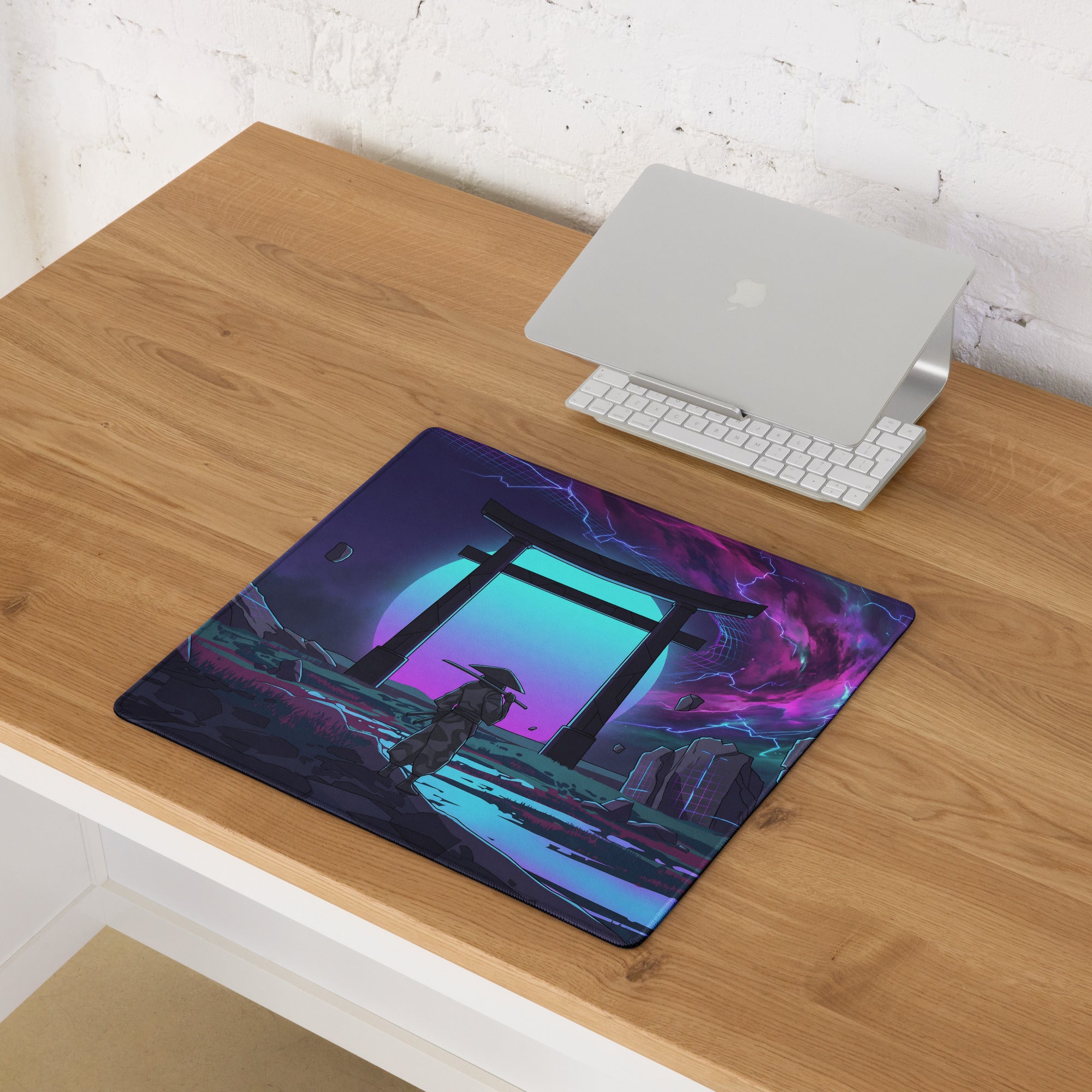Vibrant neon purple vaporwave gaming mouse pad featuring a samurai before a torii gate under a stormy sky