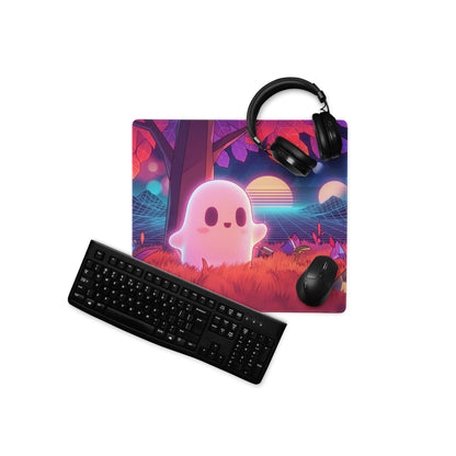 Vaporwave neon ghost desktop mouse pad with a cute pink ghost in a retro neon landscape under a sunset sky