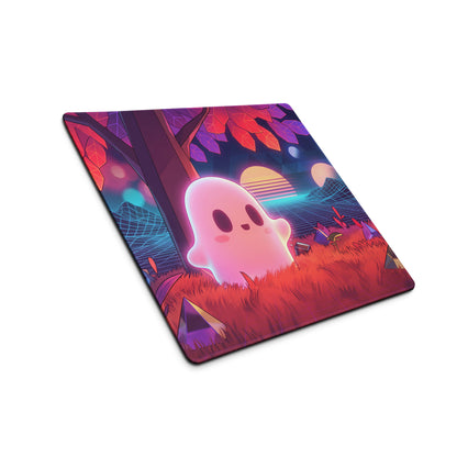 Vaporwave neon ghost desktop mouse pad with glowing pink cartoon ghost under tree and vibrant geometric scenery