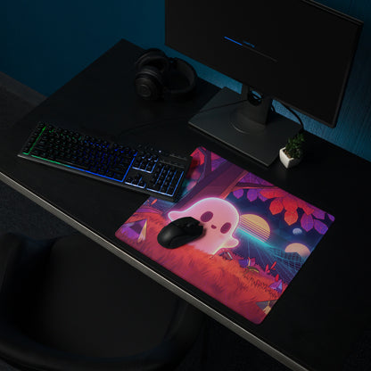 Vaporwave neon ghost desktop mouse pad with vibrant pink ghost and neon purple orange forest design on fabric surface