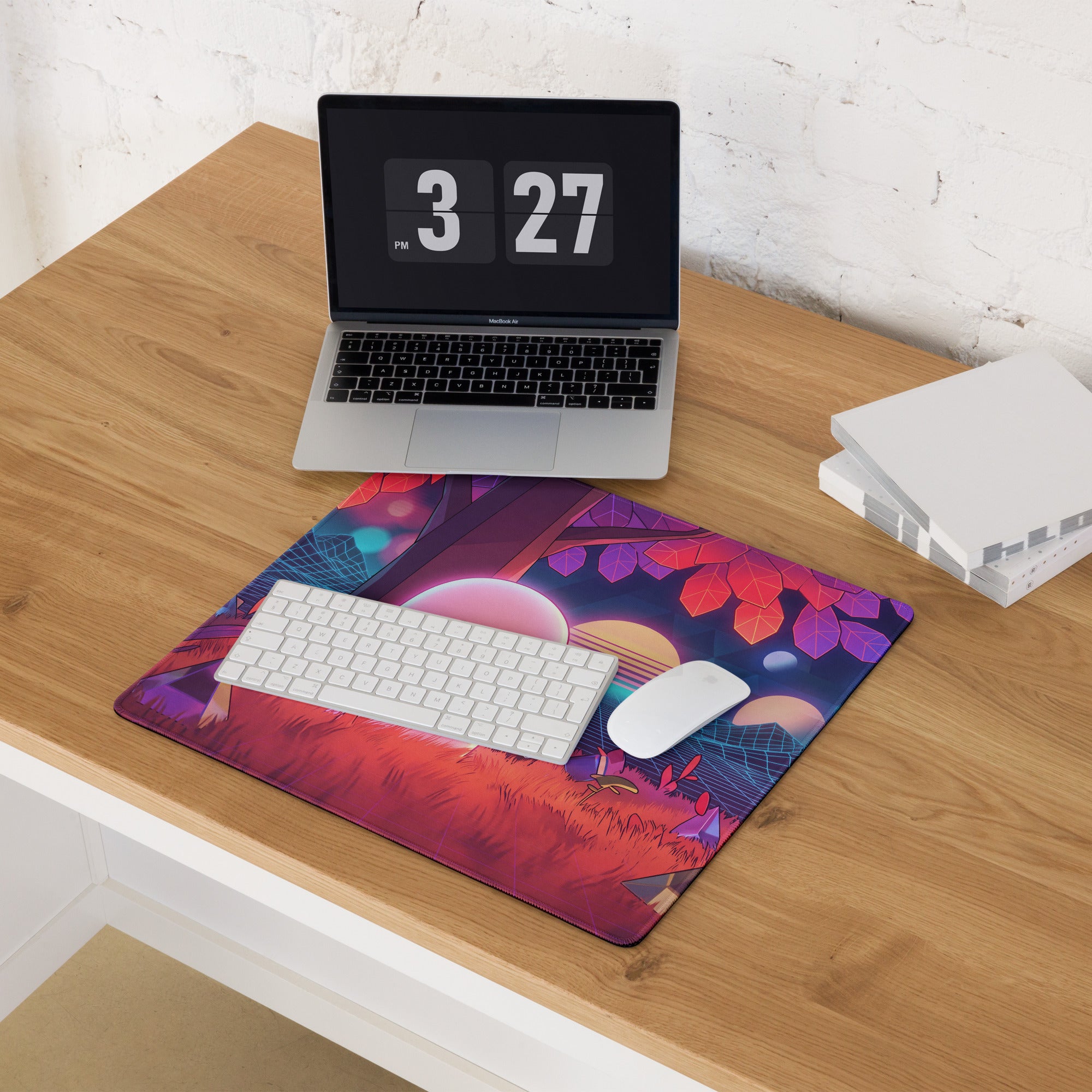 Vaporwave neon ghost desktop mouse pad with vibrant cosmic design featuring trees and planets in pink purple and blue
