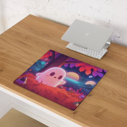 Vibrant neon pink and purple vaporwave gaming mousepad with a cute pink ghost and retro futuristic forest design
