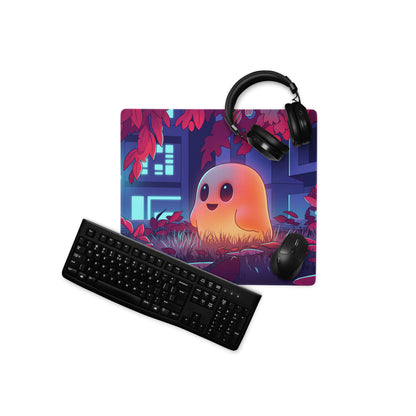A vibrant rectangular neon pink and blue gaming desk mat with an orange cartoon ghost and a nighttime red leaf scene