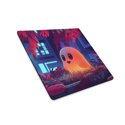 Neon ghost vaporwave desk mat featuring a vibrant orange ghost among red leaves and glowing blue windows gaming mousepad