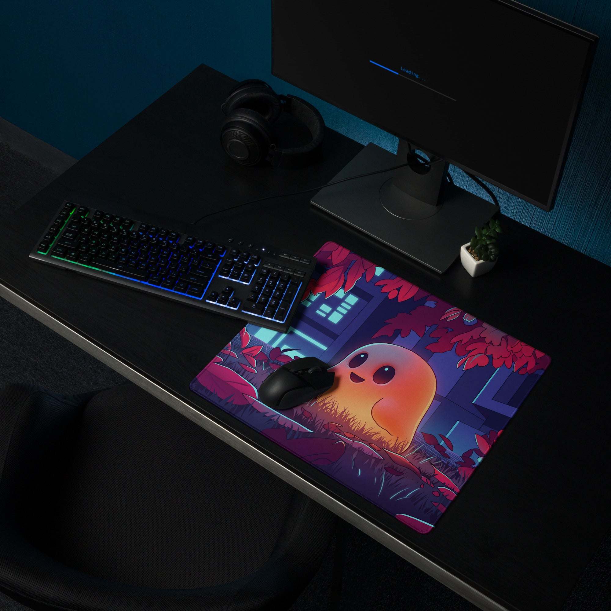 Neon ghost vaporwave gaming desk mat featuring a vibrant orange cartoon creature among glowing red leaves under neon blue light