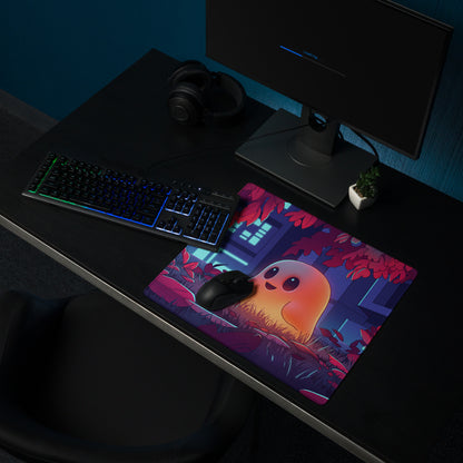 Neon ghost vaporwave gaming desk mat featuring a vibrant orange cartoon creature among glowing red leaves under neon blue light