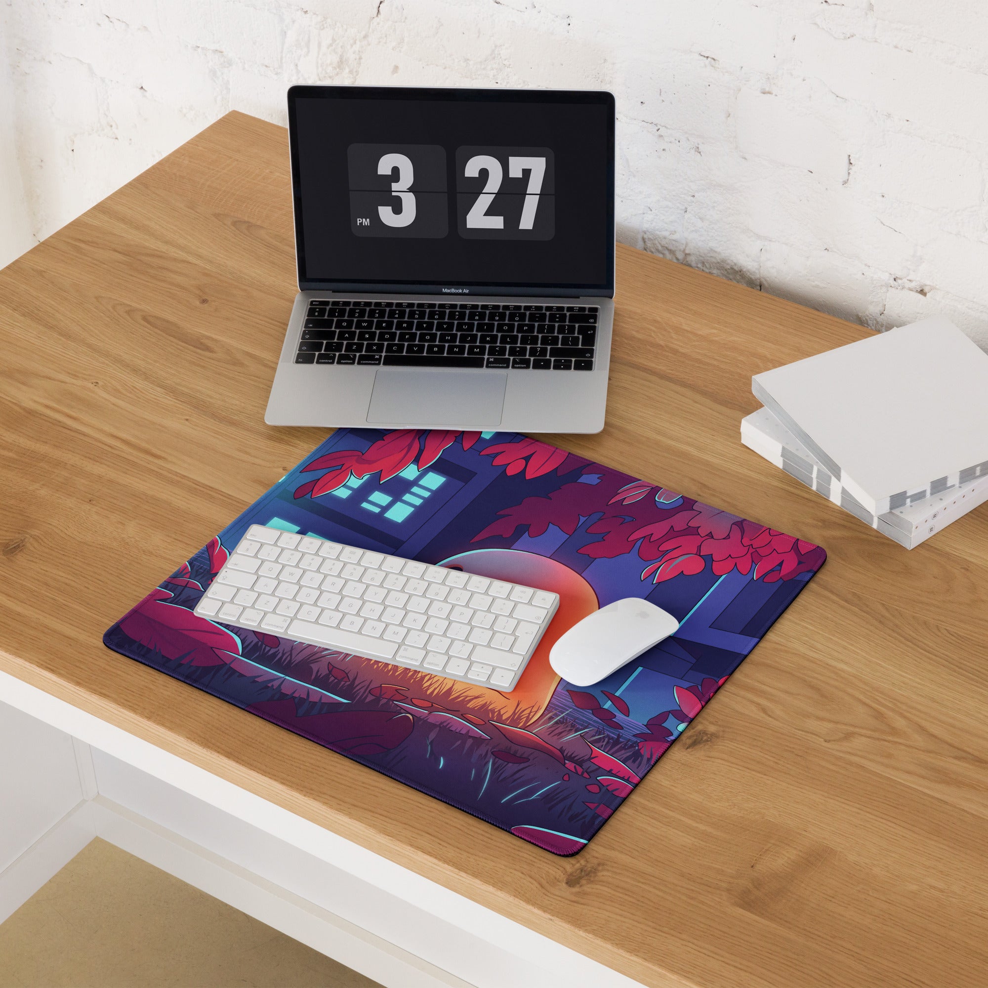 Vibrant purple and pink neon ghost vaporwave desk mat with glowing windows red leaves and an orange orb fantasy scene