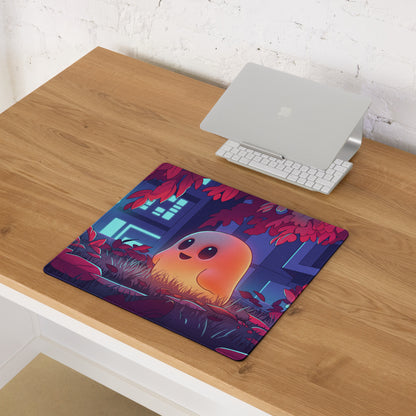 Neon ghost vaporwave gaming mousepad with vibrant orange ghost and glowing red leaves on dark blue night sky background